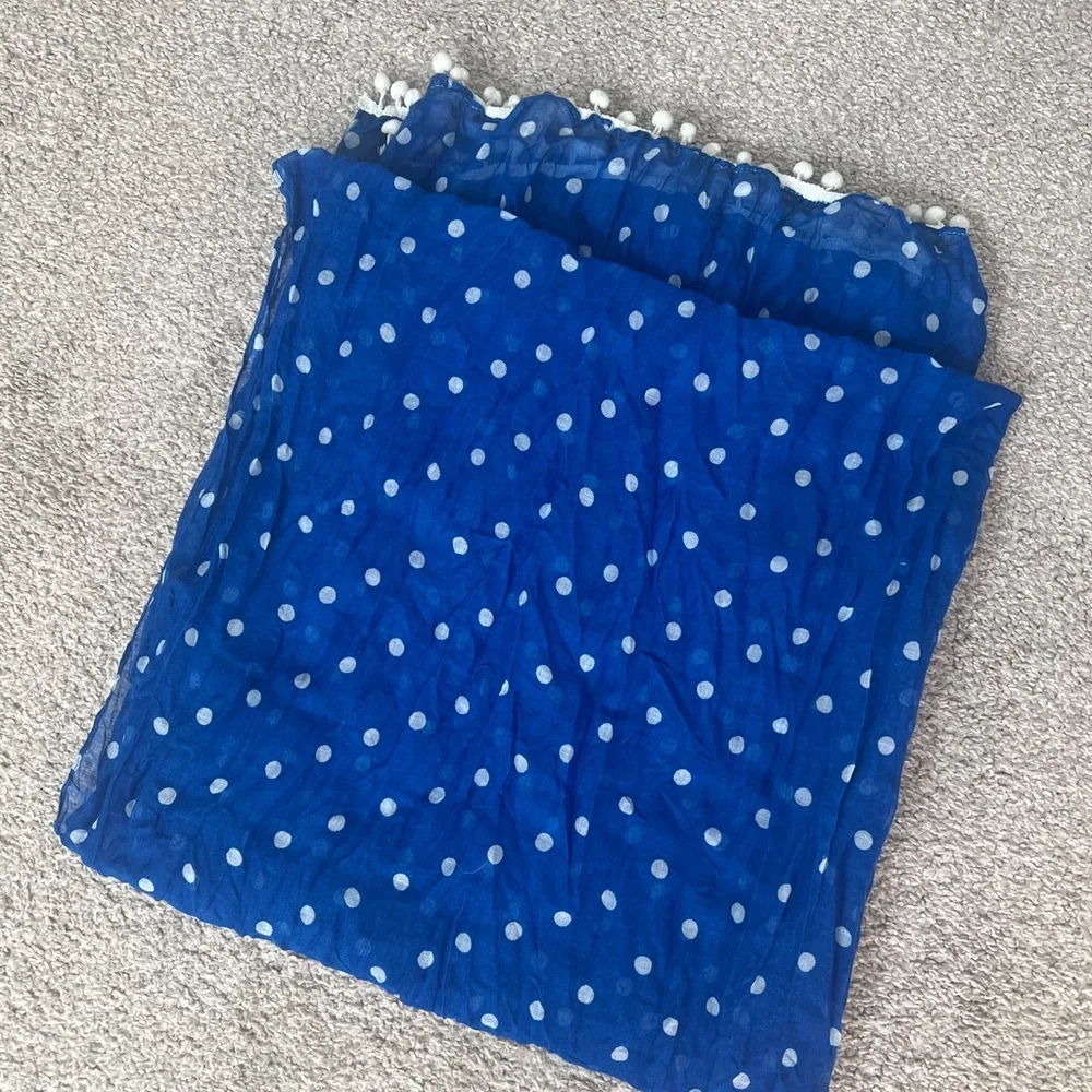 Blue Polka Dot Scarf 70x38” White Bobble Trim Cotton Blend